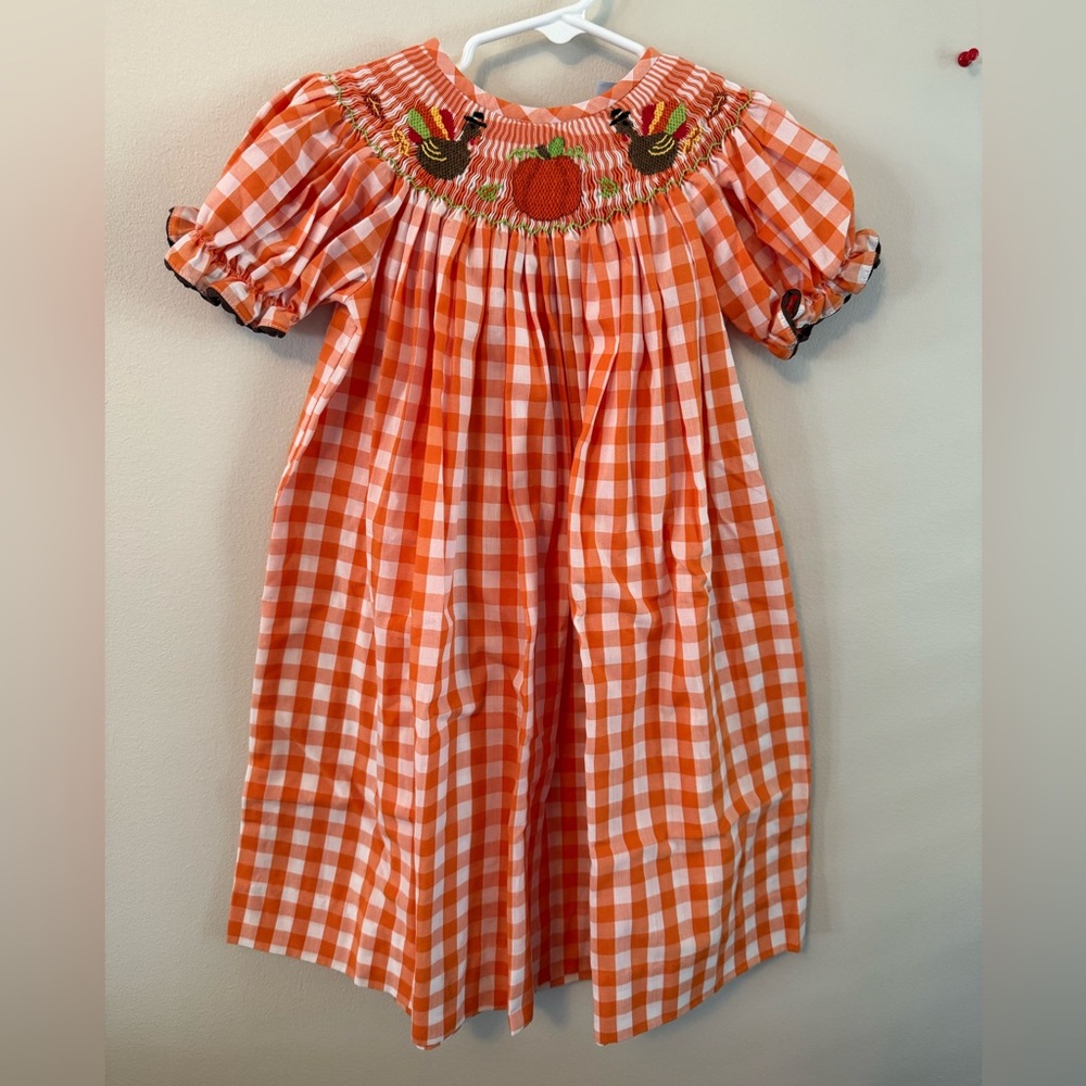 Three Sisters Fall Turkey and Pumpkin Orange Gingham Smocked Dress